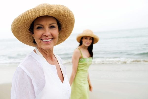 Mother and daughter in sunhats on beach