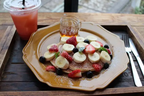 healthy breakfast banana pancake juice beverage